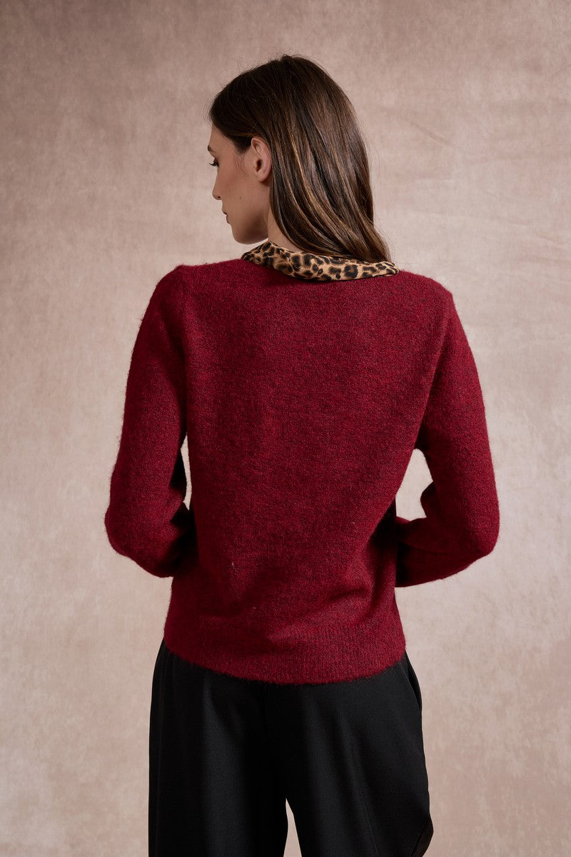 Michelle Knit with Animal Print Scarf and Gold Buttons - Red