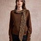 Michelle Knit with Animal Print Scarf and Gold Buttons - Brown