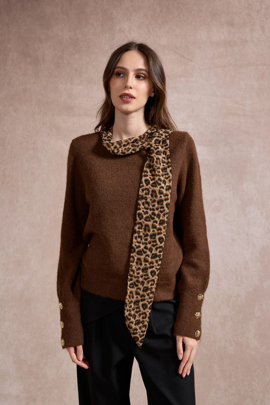 Michelle Knit with Animal Print Scarf and Gold Buttons - Brown