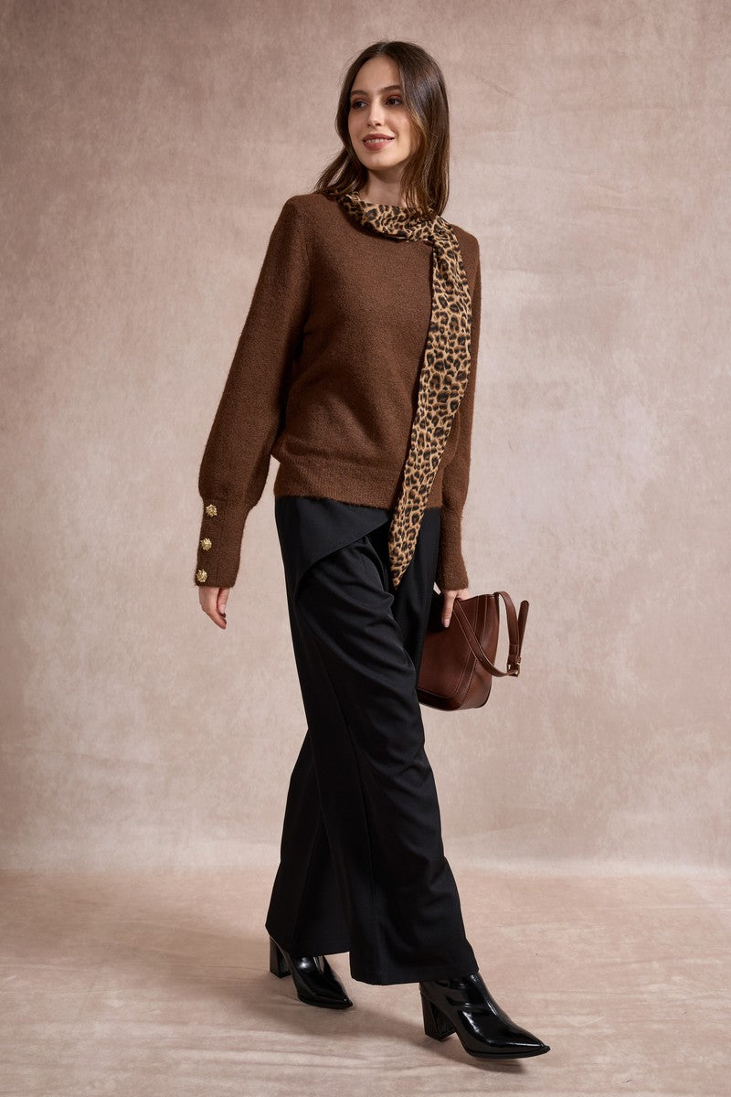 Michelle Knit with Animal Print Scarf and Gold Buttons - Brown
