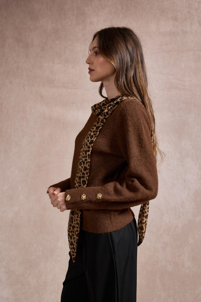 Michelle Knit with Animal Print Scarf and Gold Buttons - Brown