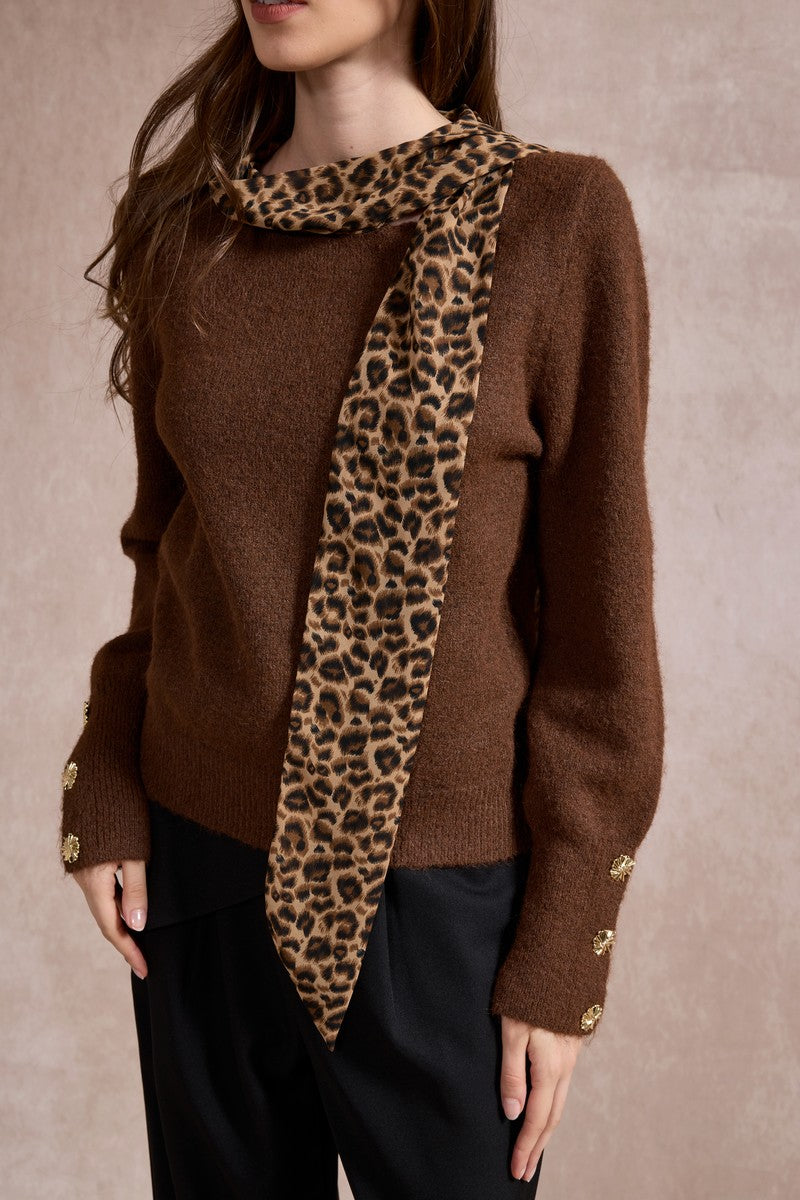 Michelle Knit with Animal Print Scarf and Gold Buttons - Brown