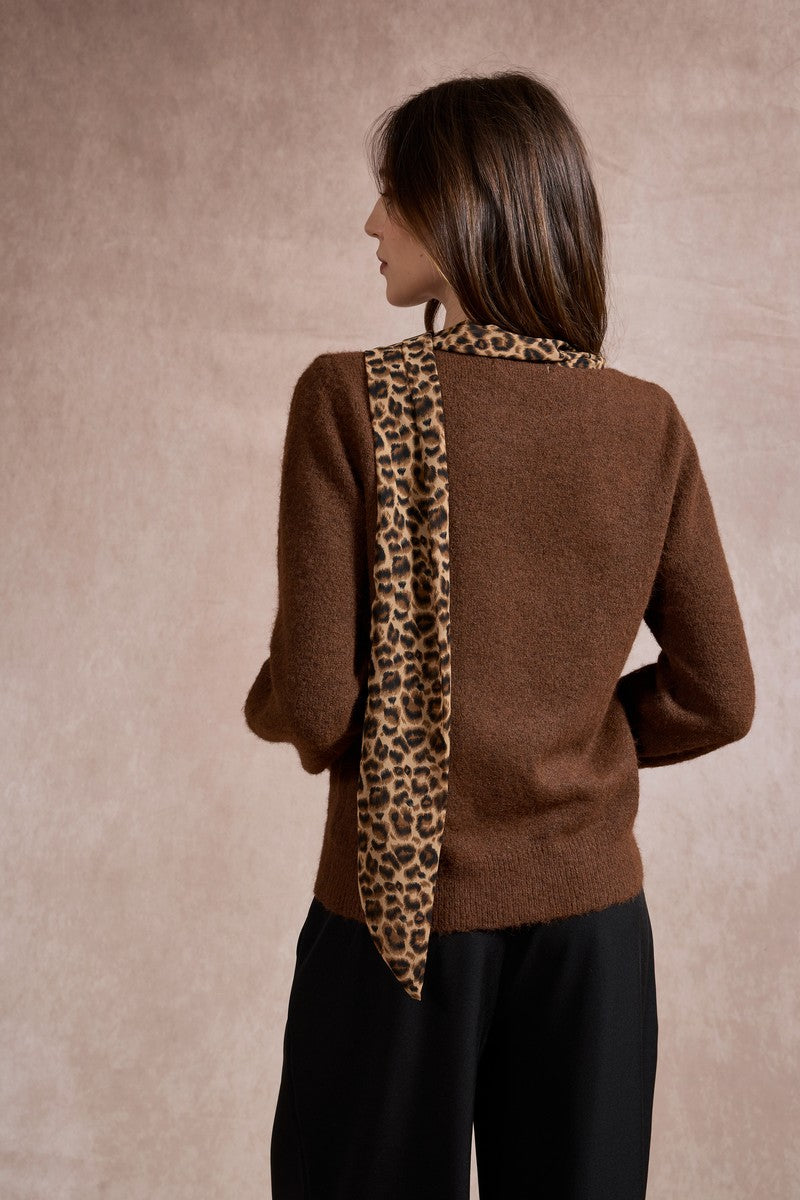 Michelle Knit with Animal Print Scarf and Gold Buttons - Brown