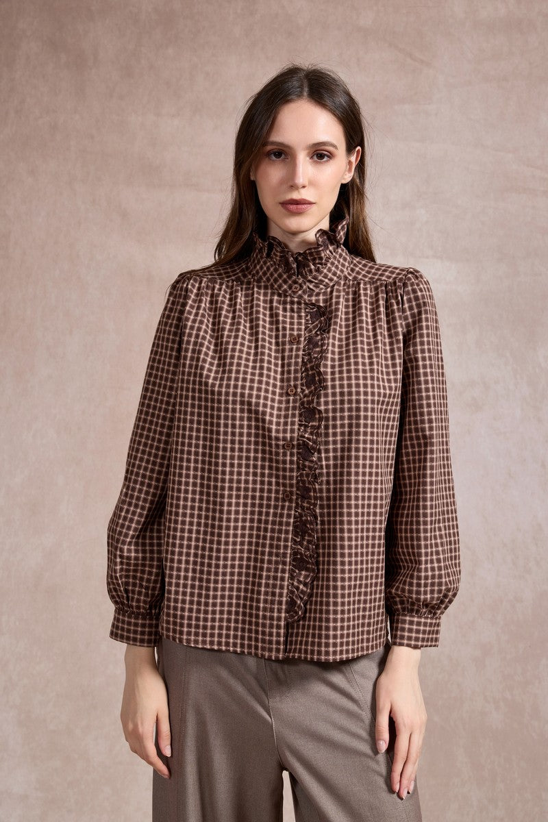 Jenny Check Shirt with Ruffle Details - Chocolate Brown