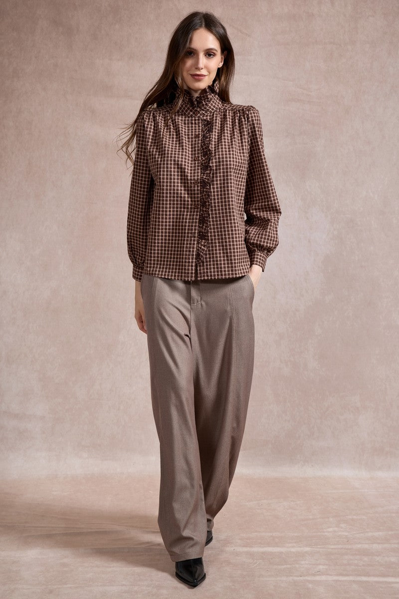 Jenny Check Shirt with Ruffle Details - Chocolate Brown