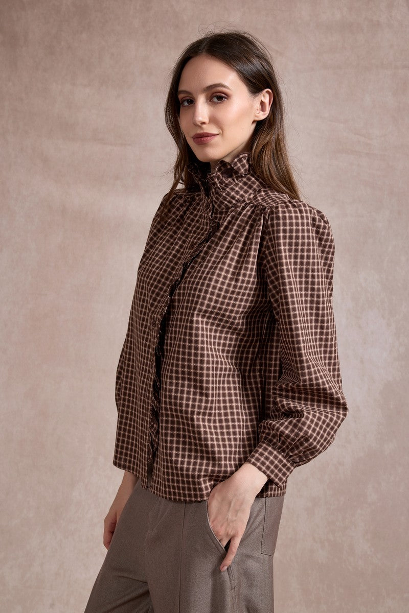 Jenny Check Shirt with Ruffle Details - Chocolate Brown