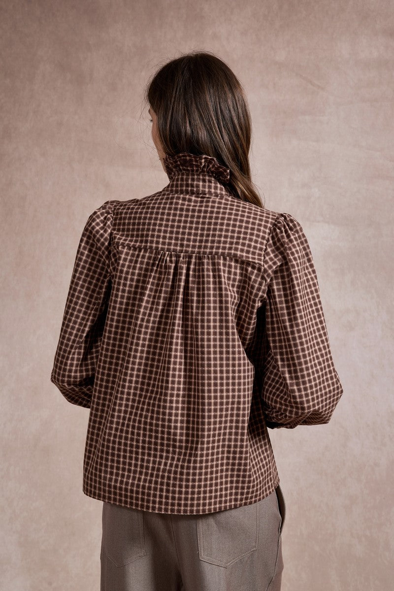 Jenny Check Shirt with Ruffle Details - Chocolate Brown