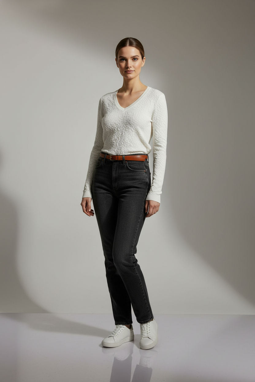 Anne Long Sleeved Pattern Top - Ecru