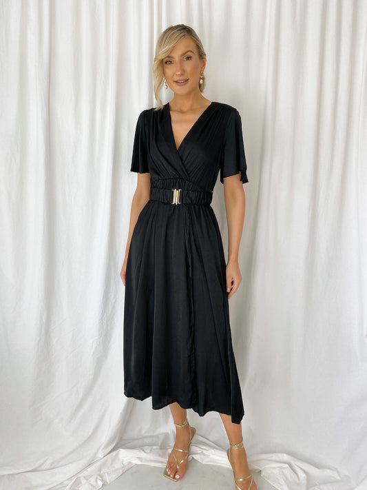 Norah Short Sleeves Belted Dress - Black