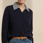 Vivian Check Collar and Cuff Sweater - Navy