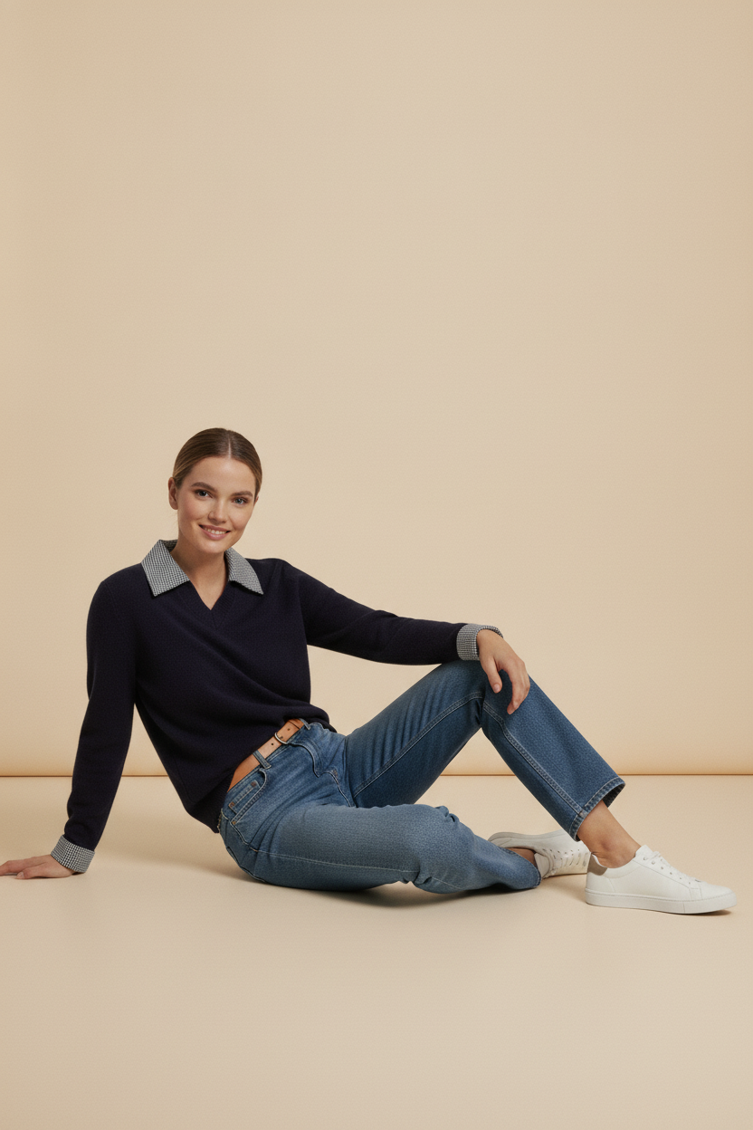 Vivian Check Collar and Cuff Sweater - Navy