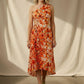 Margaret One Shoulder Draped Floral Dress - Orange
