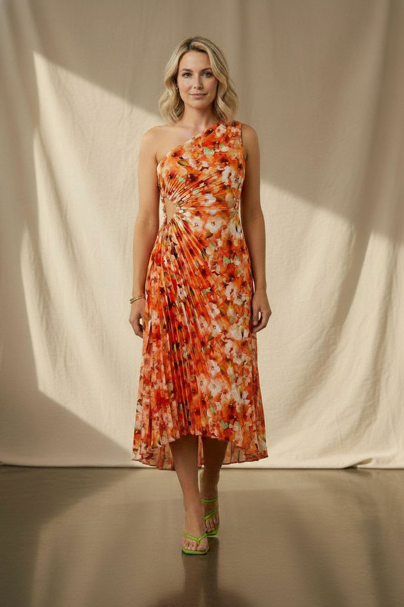 Margaret One Shoulder Draped Floral Dress - Orange
