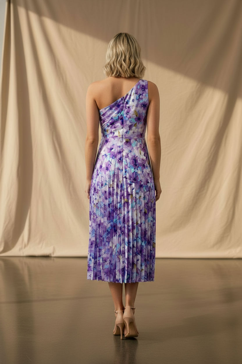 Margaret One Shoulder Draped Floral Dress - Purple and Blue