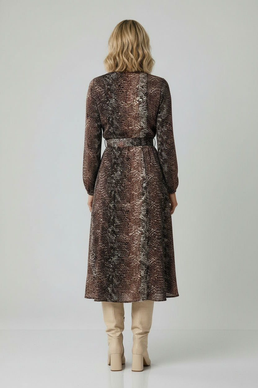 Tina Belted Printed Dress - Brown