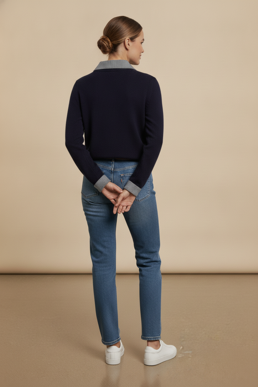 Vivian Check Collar and Cuff Sweater - Navy