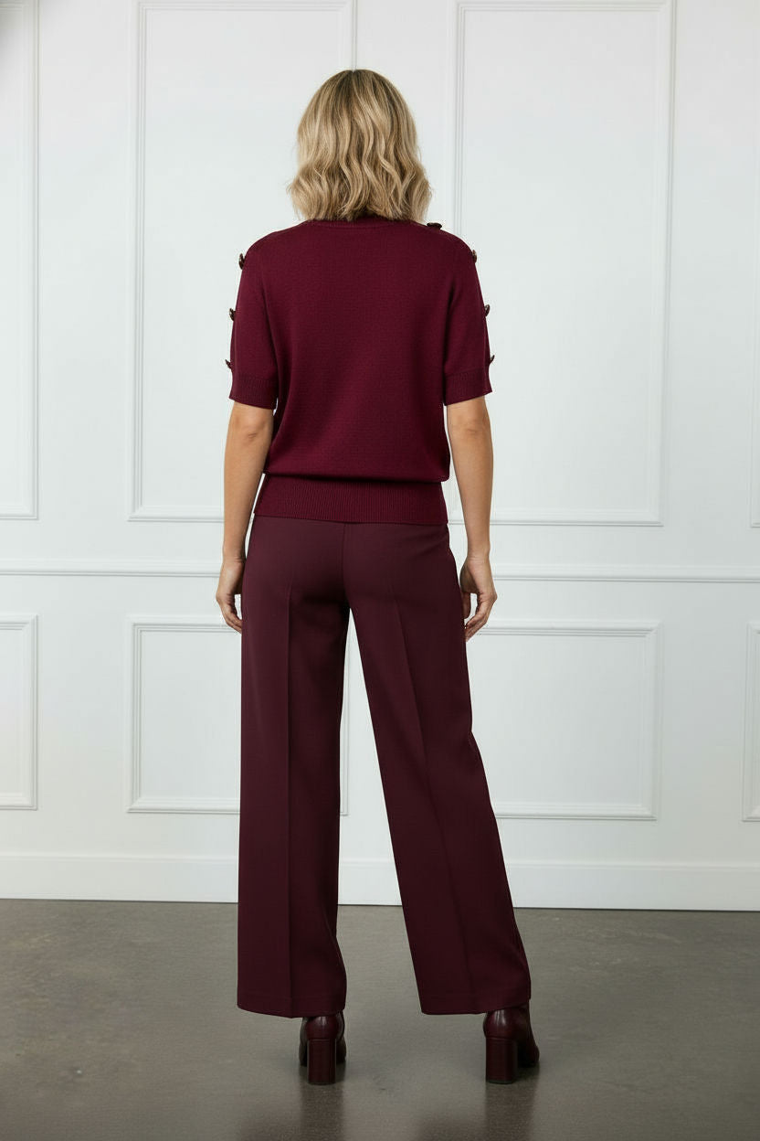 Carmen Short Sleeve Jumper with Gold Buttons Over the Shoulder - Burgundy