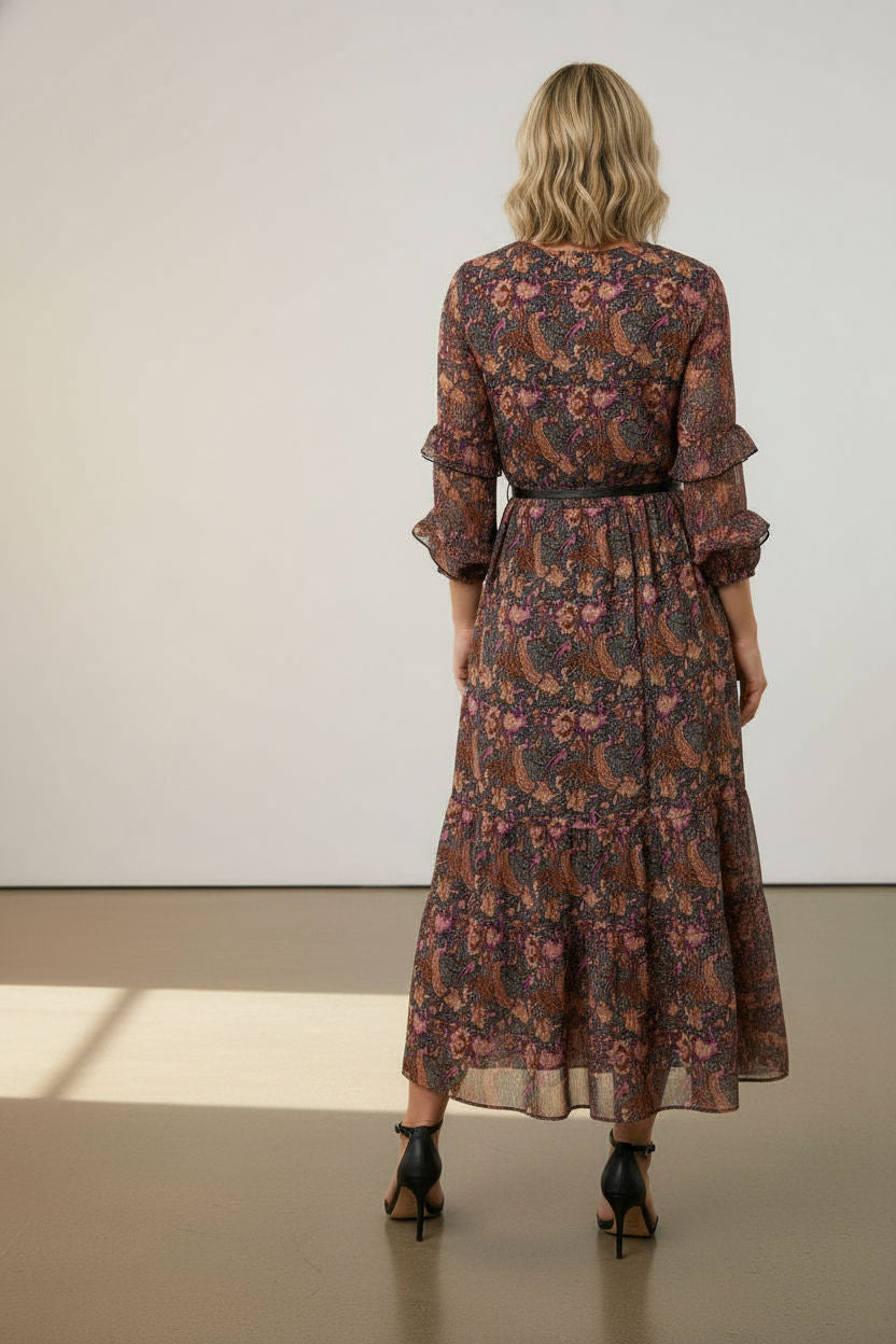Lucy Ruffle Printed Dress - Black