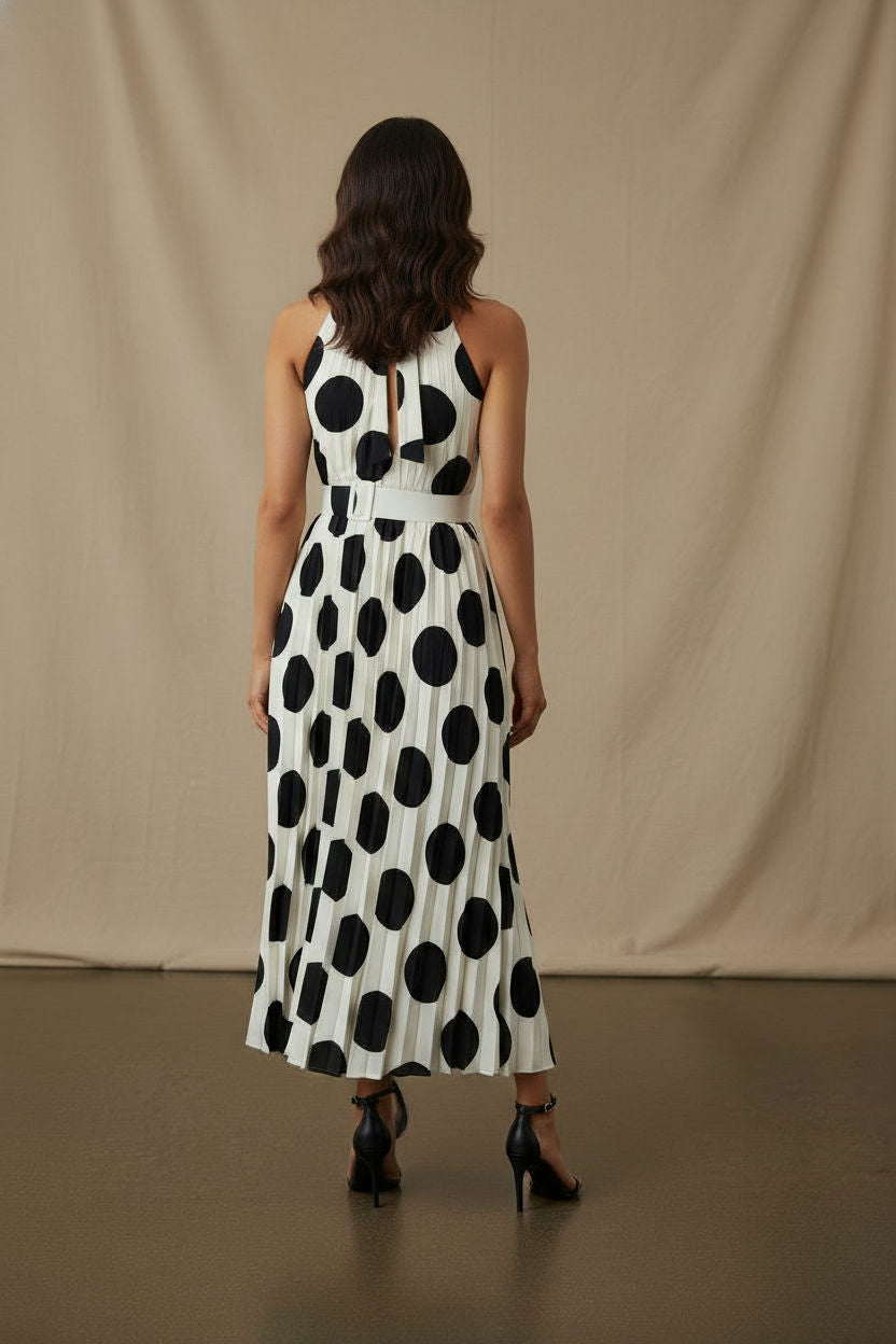 Talia High Neck Polka Dot Pleated Dress - White