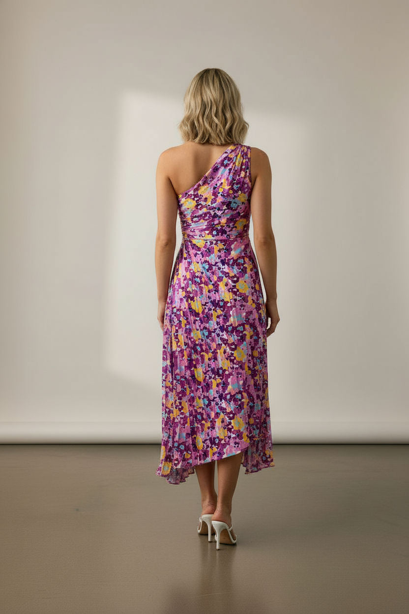 Margaret One Shoulder Draped Floral Dress - Purple and Yellow