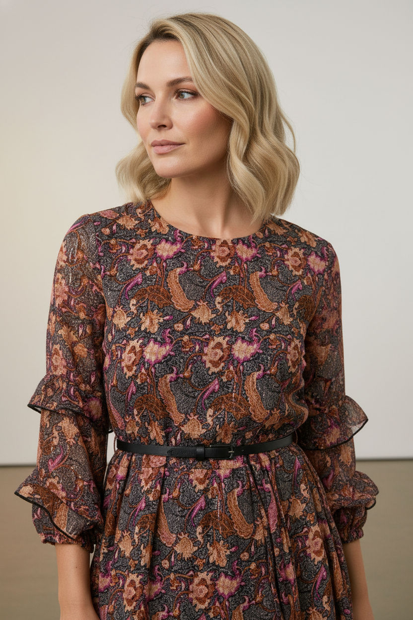 Lucy Ruffle Printed Dress - Black