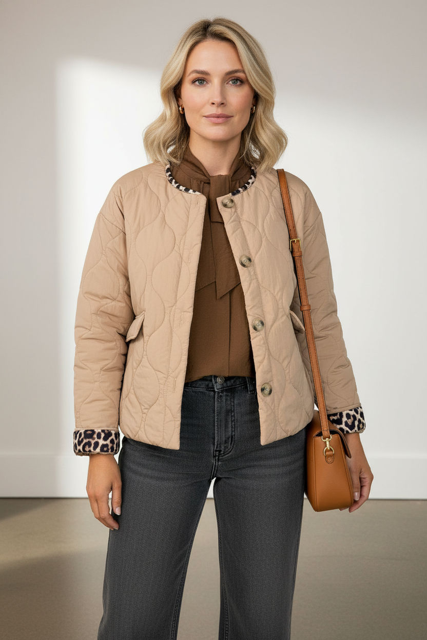 Emily Puffer Jacket with Pockets and Animal Print Details - Beige