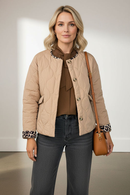 Emily Puffer Jacket with Pockets and Animal Print Details - Beige