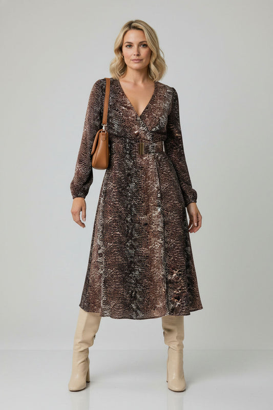 Tina Belted Printed Dress - Brown