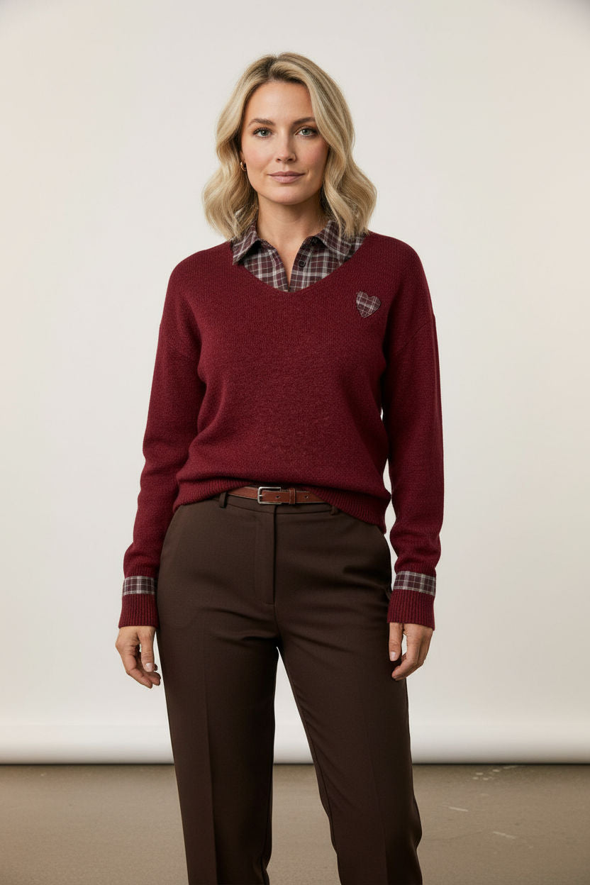 Veronica collar jumper with heart print - Burgundy