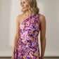 Margaret One Shoulder Draped Floral Dress - Purple and Yellow