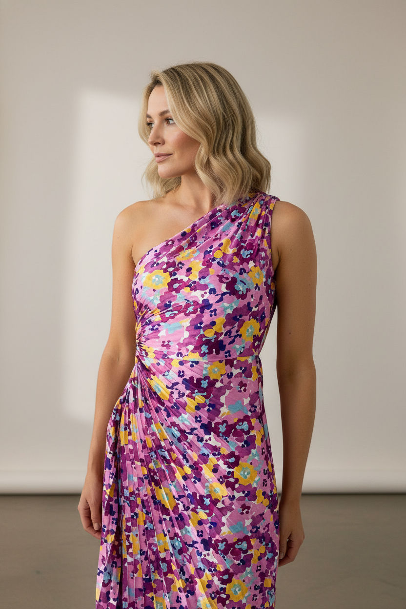 Margaret One Shoulder Draped Floral Dress - Purple and Yellow