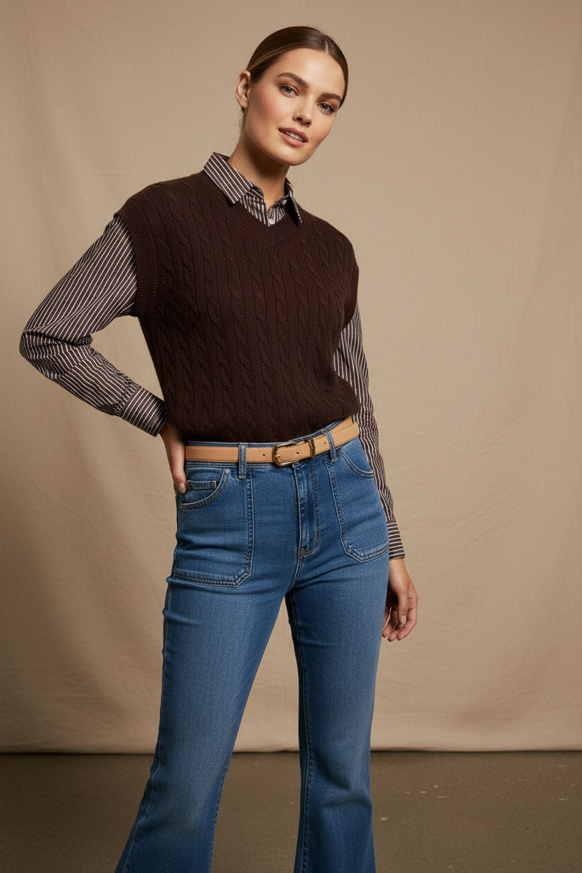 Nicole two-in-one vest and stripped shirt - Brown