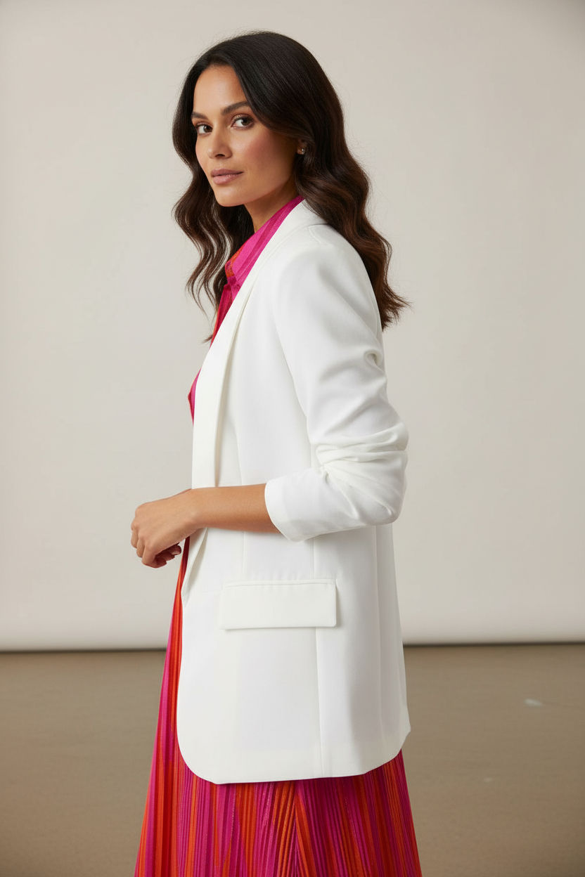 Annie Longline Blazer with Ruched Sleeves - White