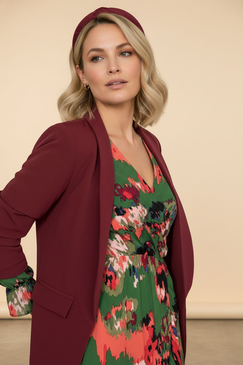 Jane Ruched Sleeve Blazer - Burgundy