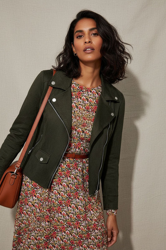 Ely Light Crop Suede Jacket - Dark Green