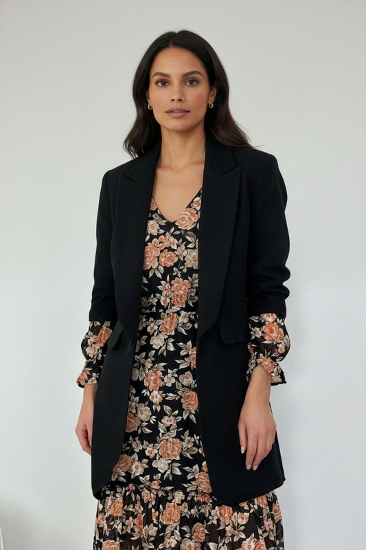 Annie  Longline Blazer with Ruched Sleeves - Black