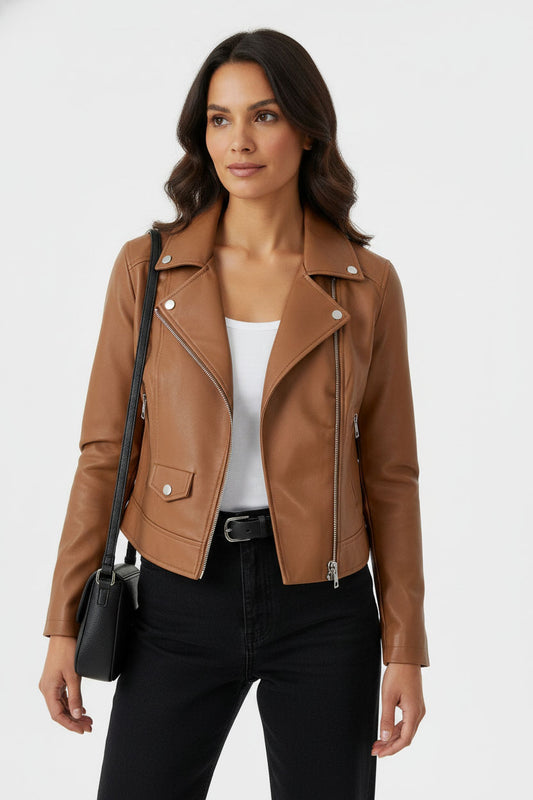 Siobhan Crop Faux Leather Jacket - Brown