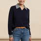 Vivian Check Collar and Cuff Sweater - Navy