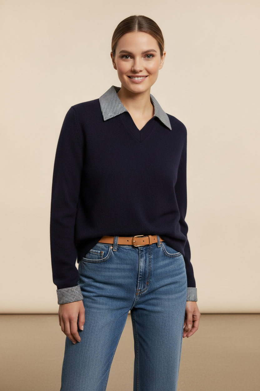 Vivian Check Collar and Cuff Sweater - Navy