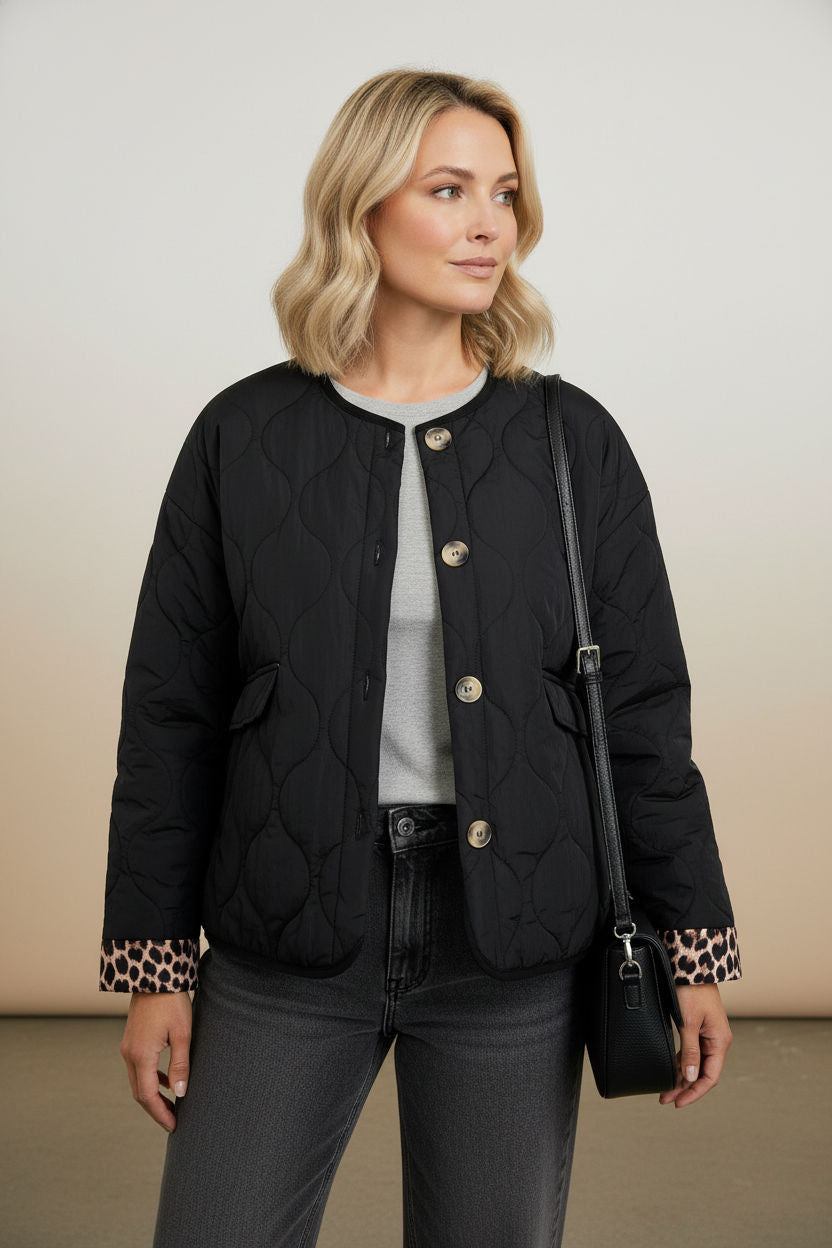 Emily Puffer Jacket with Pockets and Animal Print Details - Black
