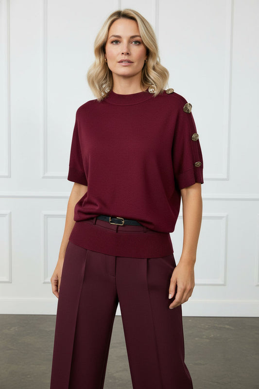 Carmen Short Sleeve Jumper with Gold Buttons Over the Shoulder - Burgundy