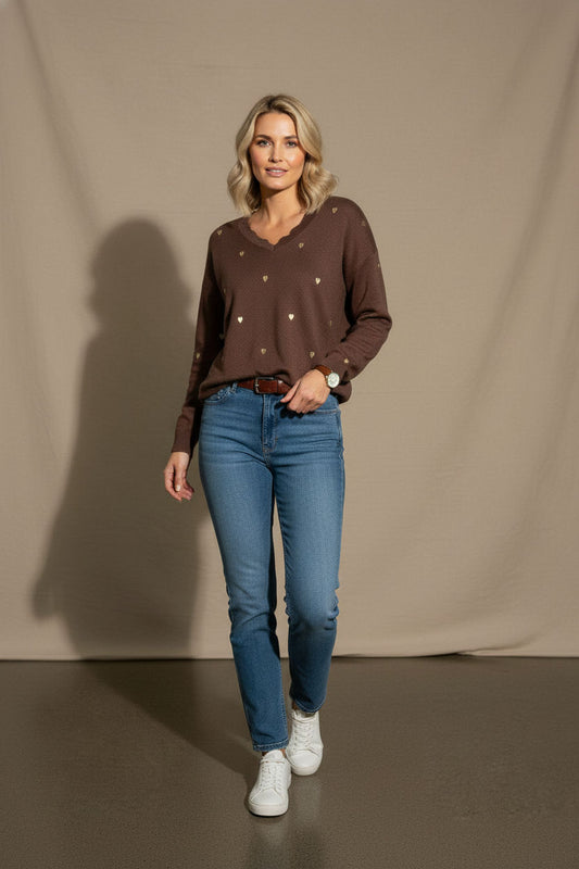 Sofia Heart Print Knit Top - Brown