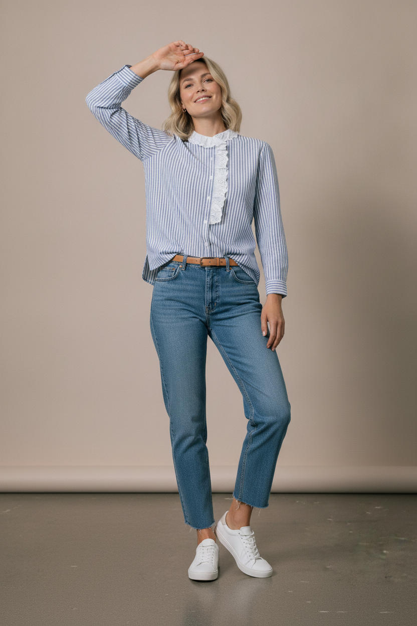 Liz Striped Shirt with Broderie Details - Blue