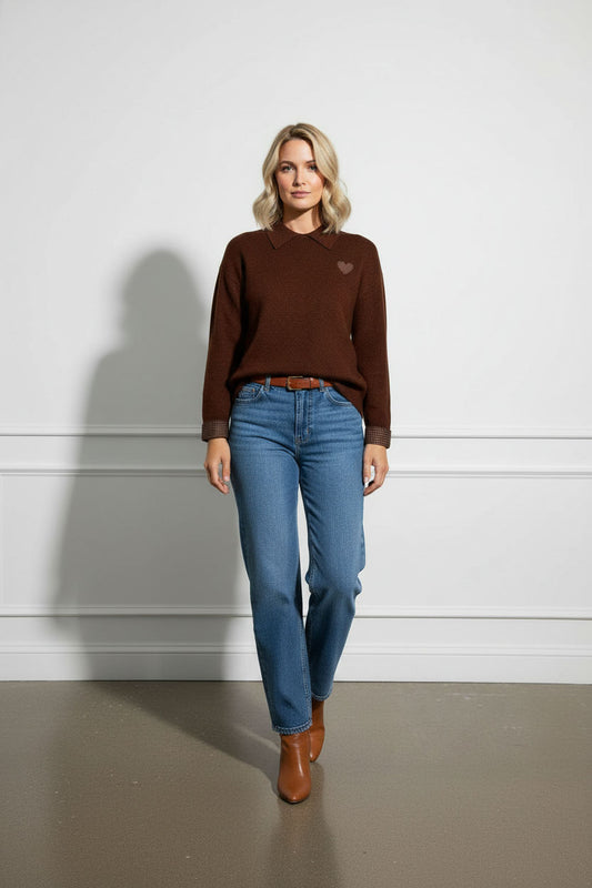 Veronica collar jumper with heart print - Brown