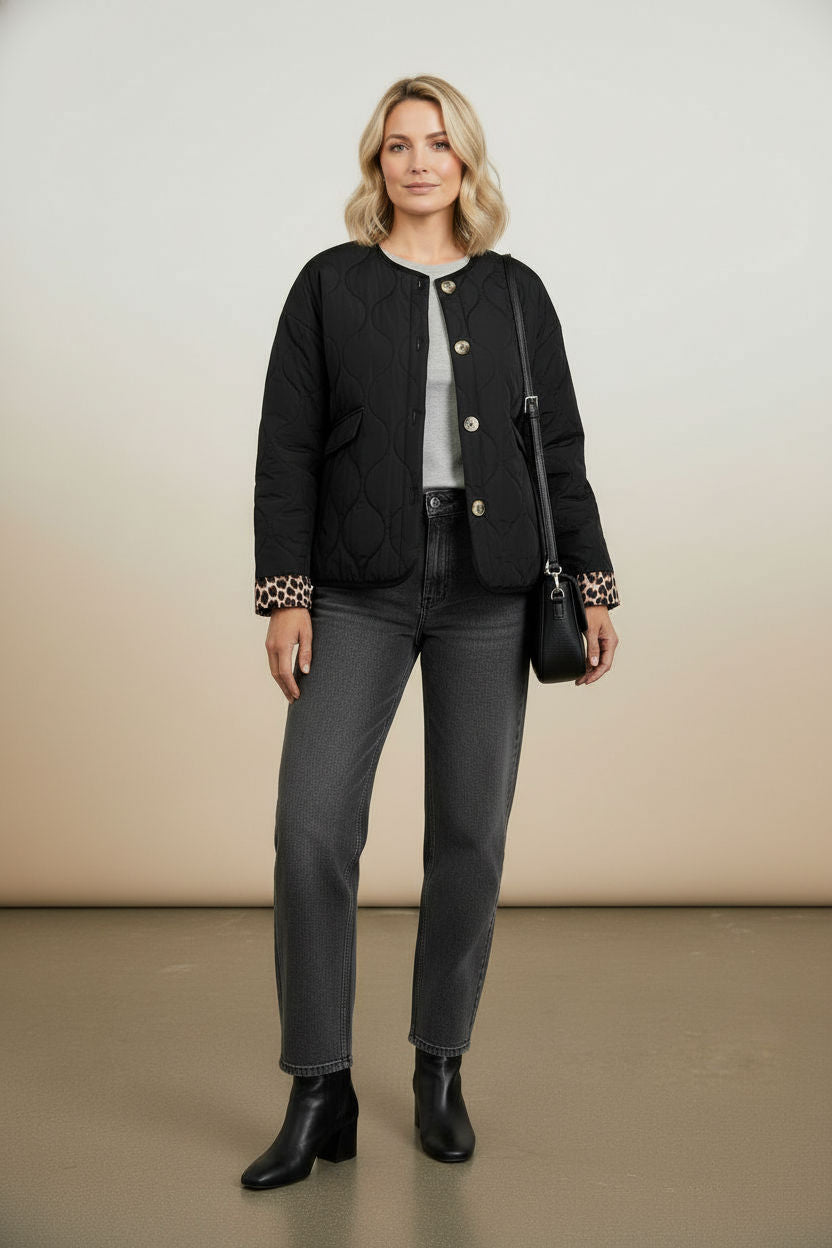 Emily Puffer Jacket with Pockets and Animal Print Details - Black
