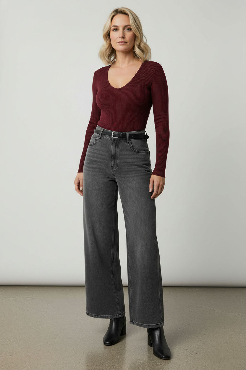 Anne Long Sleeved Pattern Top - Burgundy
