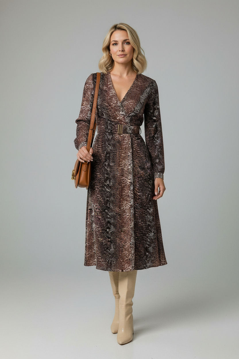 Tina Belted Printed Dress - Brown