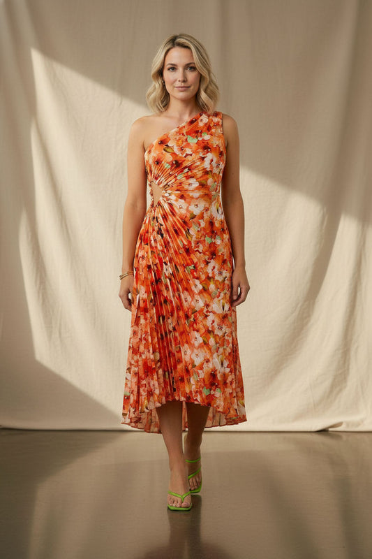 Margaret One Shoulder Draped Floral Dress - Orange