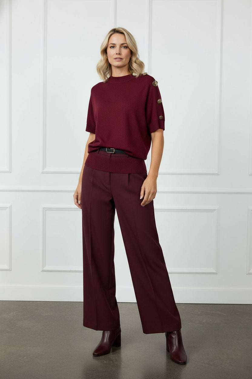 Carmen Short Sleeve Jumper with Gold Buttons Over the Shoulder - Burgundy