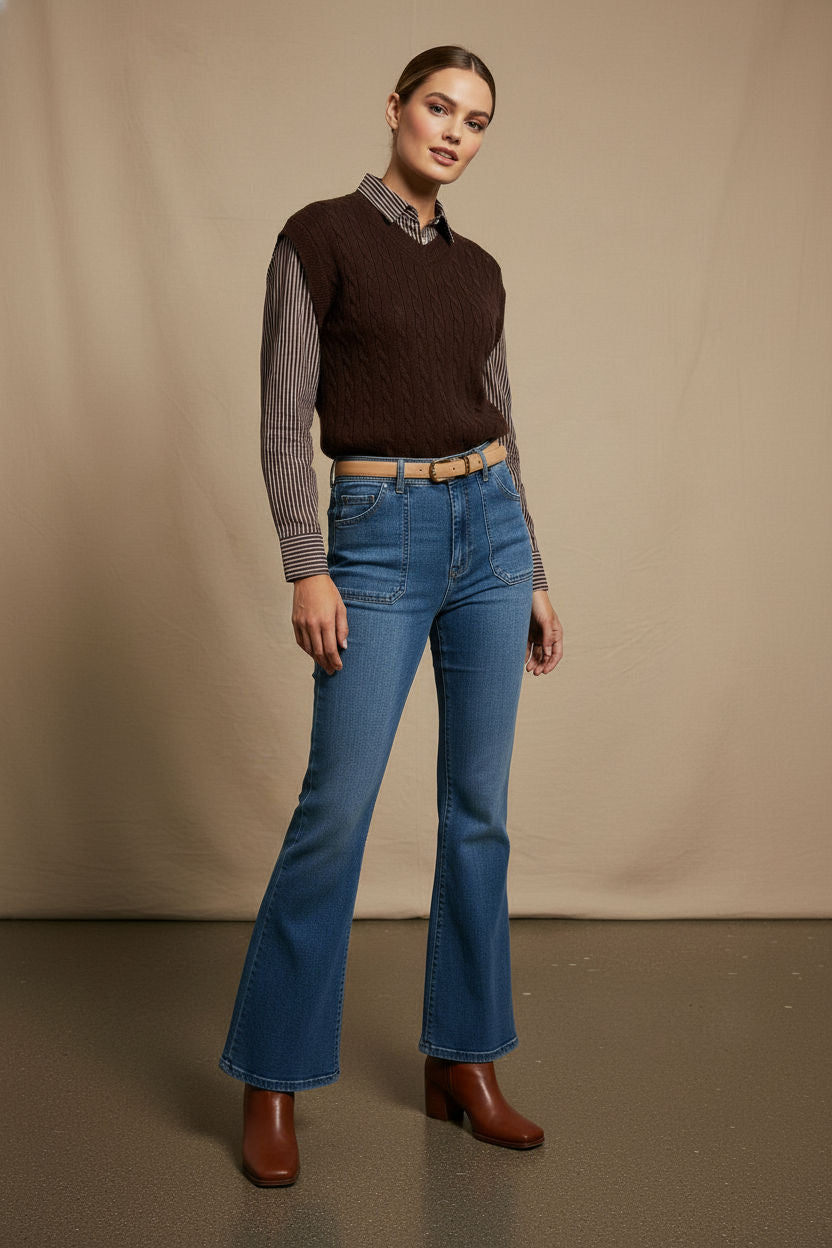 Nicole two-in-one vest and stripped shirt - Brown